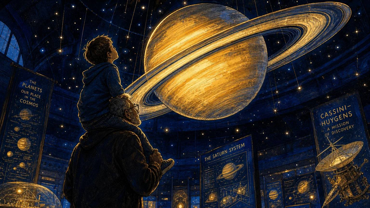 An illustration of a grandfather carrying a boy on his shoulders, looking up at a giant glowing model of Saturn in a dark museum.