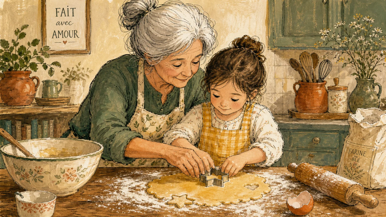 An illustration of a grandmother and granddaughter baking together at a flour-covered kitchen counter.