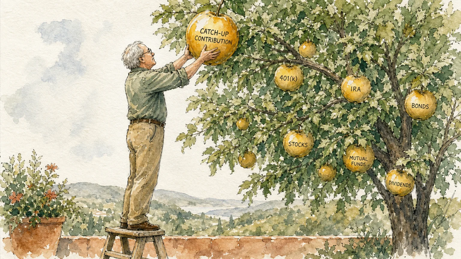 An illustration of a person adding extra fruit to a tree, symbolizing catch-up contributions to a retirement account.