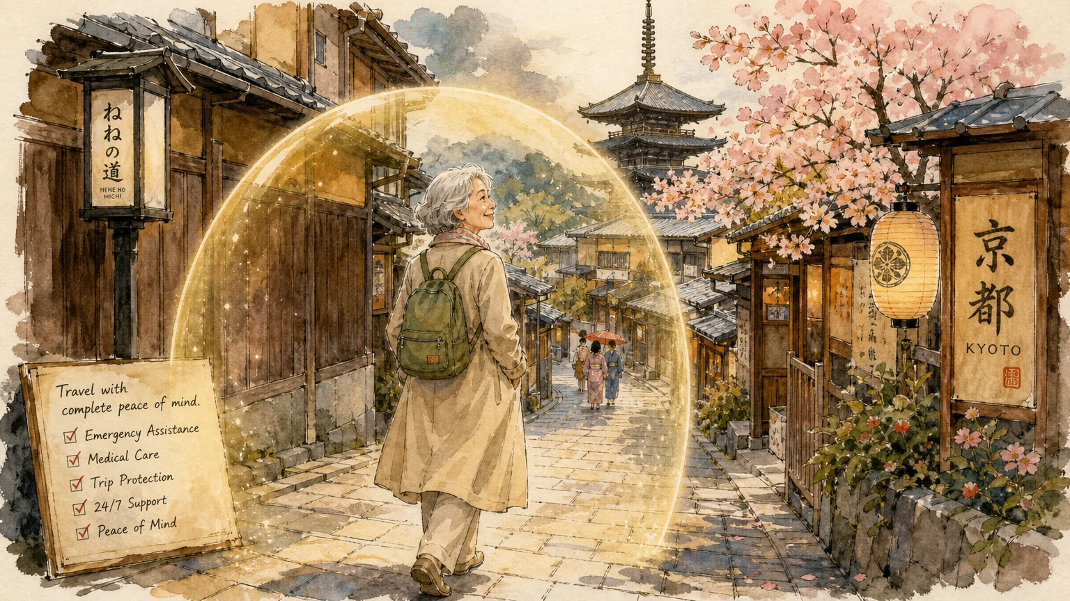 An illustration of an older woman walking down a Kyoto street under a warm, protective golden shield.