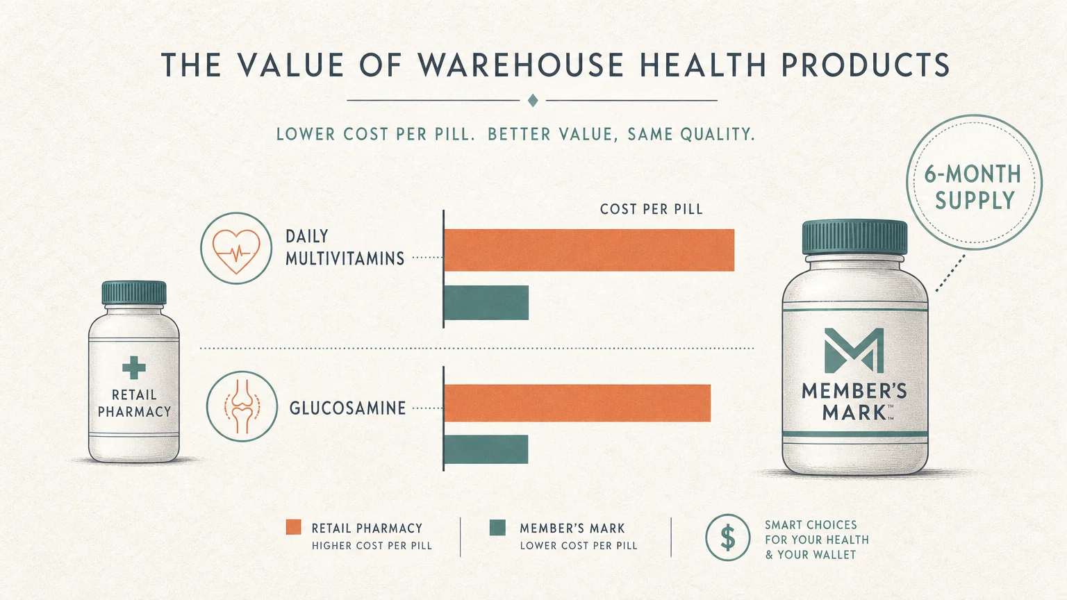 An infographic comparing a retail pharmacy bottle to a larger warehouse brand bottle, highlighting the value of a 6-month supply.