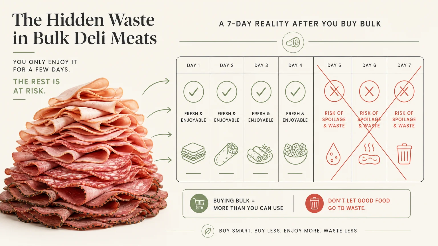 An infographic diagram showing a 7-day calendar where bulk deli meats spoil before a small household can finish them.