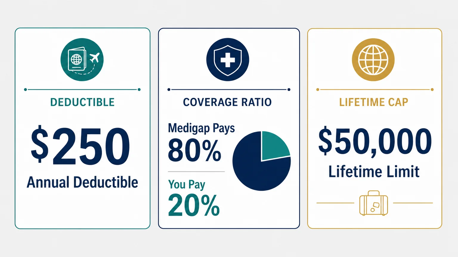 An infographic showing Medigap foreign perks: a $250 deductible, 80% coverage ratio, and a $50,000 lifetime limit.