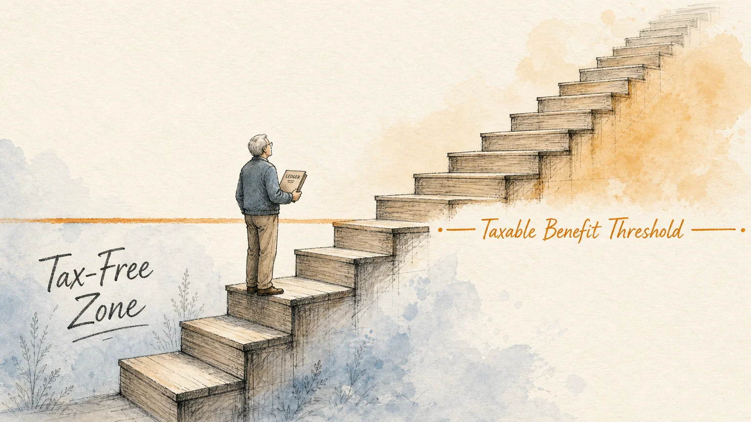 An ink and watercolor drawing of a wooden staircase rising past a line labeled 'Taxable Benefit Threshold' into a shaded zone.
