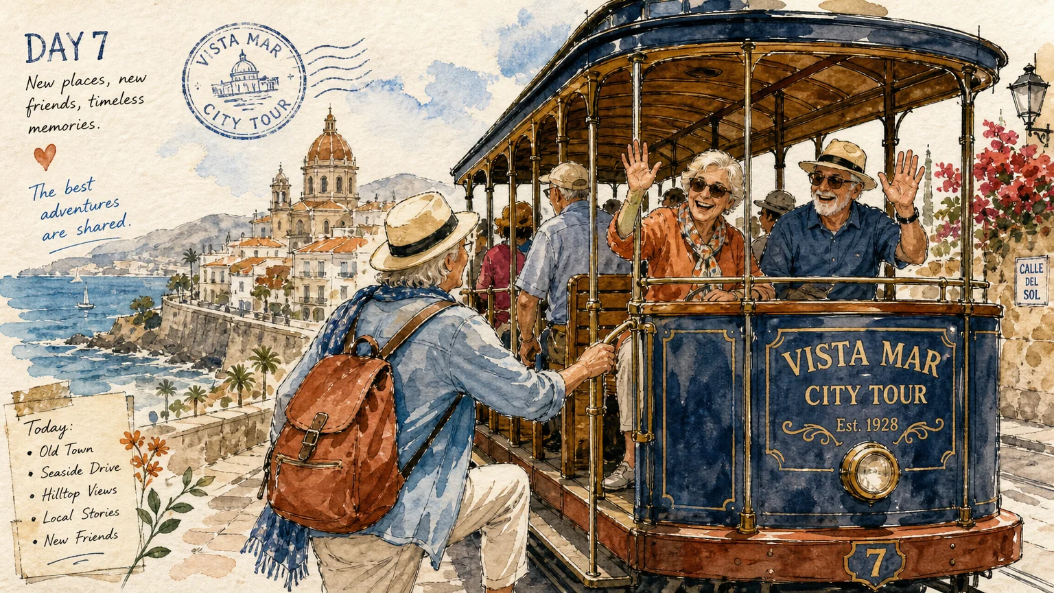 An ink and watercolor drawing of happy senior travelers boarding a vintage open-air trolley on a sunny day.