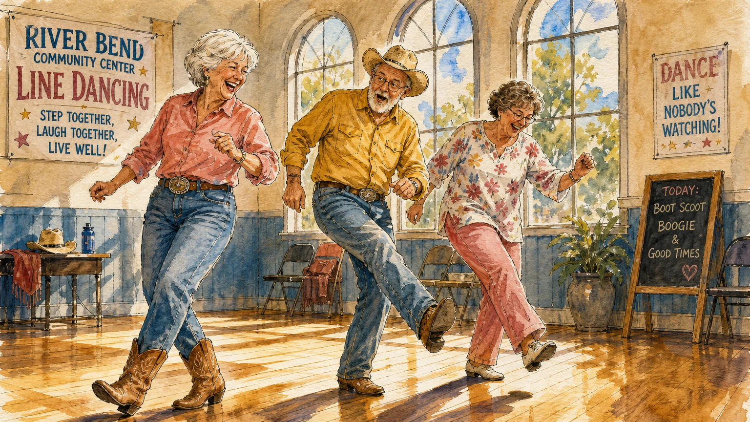 An ink and watercolor drawing of three retirees laughing during an upbeat line dancing class in a sun-dappled hall.