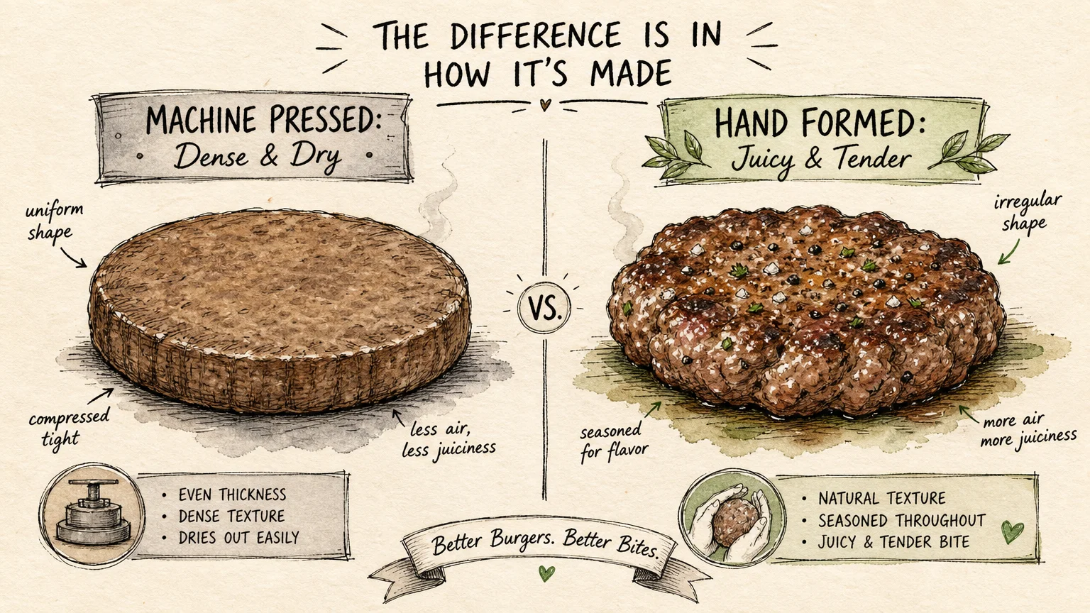 An ink and watercolor illustration comparing a flat, machine-pressed burger patty with a juicy, rustic hand-formed patty.