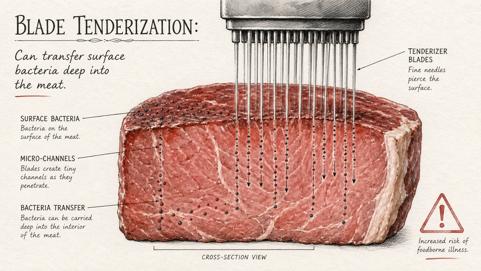 An ink and watercolor illustration depicting a cross-section of a steak being pierced by micro-needles during blade tenderization.