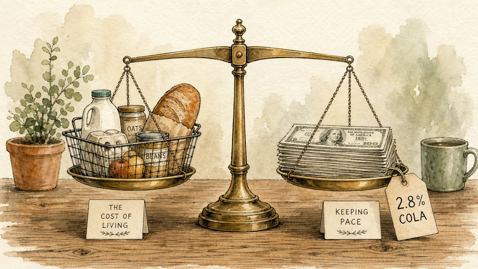 An ink and watercolor illustration of a brass scale balancing a grocery basket with a stack of bills tagged '2.8% COLA'.