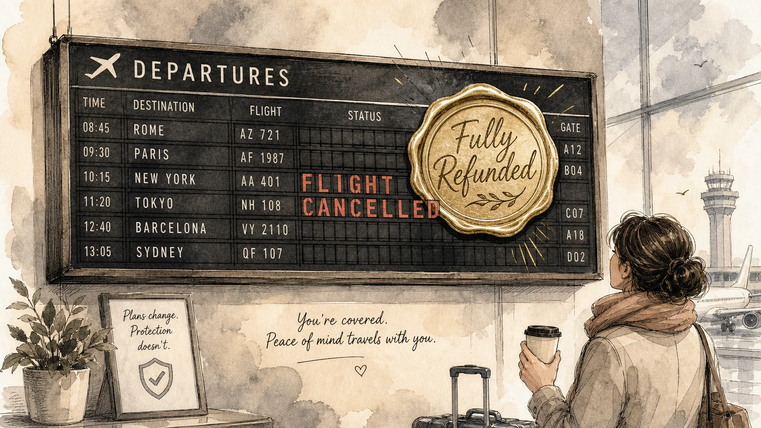 An ink and watercolor illustration of a canceled flight departure board stamped with a golden 'Fully Refunded' seal.