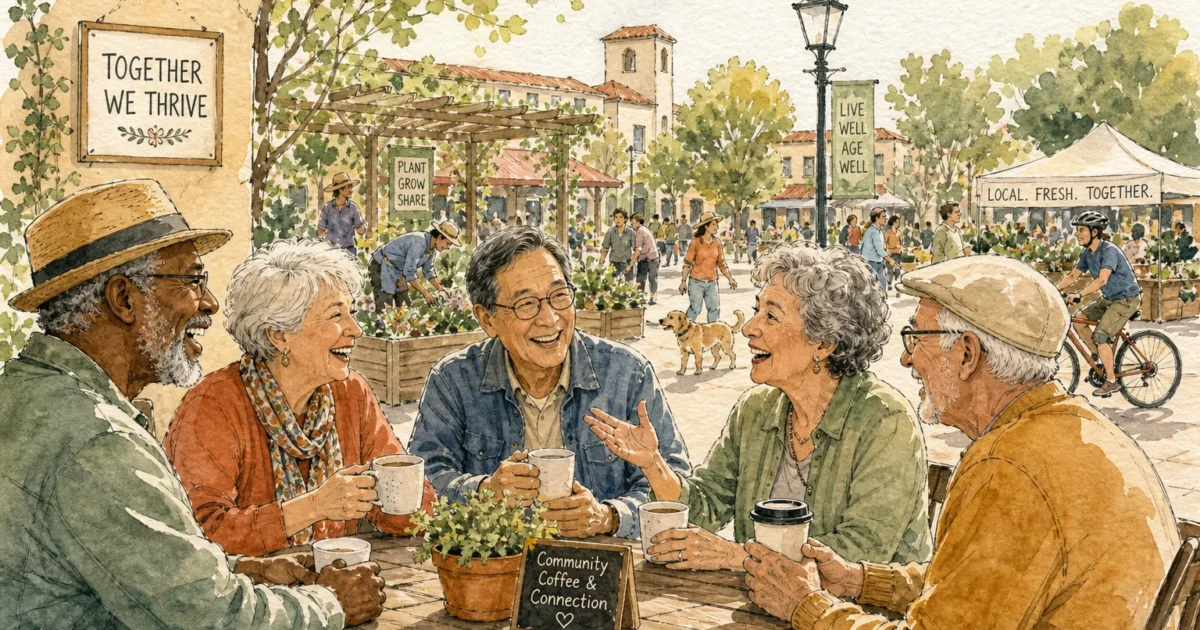 An ink and watercolor illustration of a group of smiling seniors chatting over coffee at an outdoor community park table.