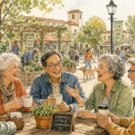 An ink and watercolor illustration of a group of smiling seniors chatting over coffee at an outdoor community park table.