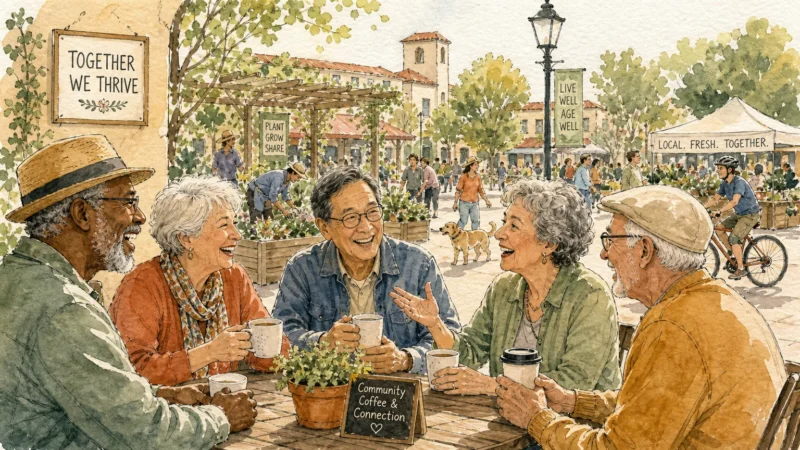 An ink and watercolor illustration of a group of smiling seniors chatting over coffee at an outdoor community park table.