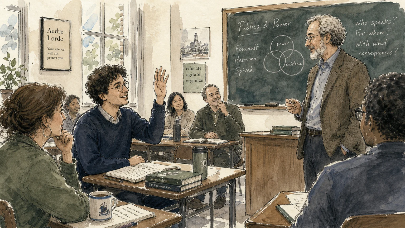 An ink and watercolor illustration of an older adult student raising their hand during an engaging classroom lecture.