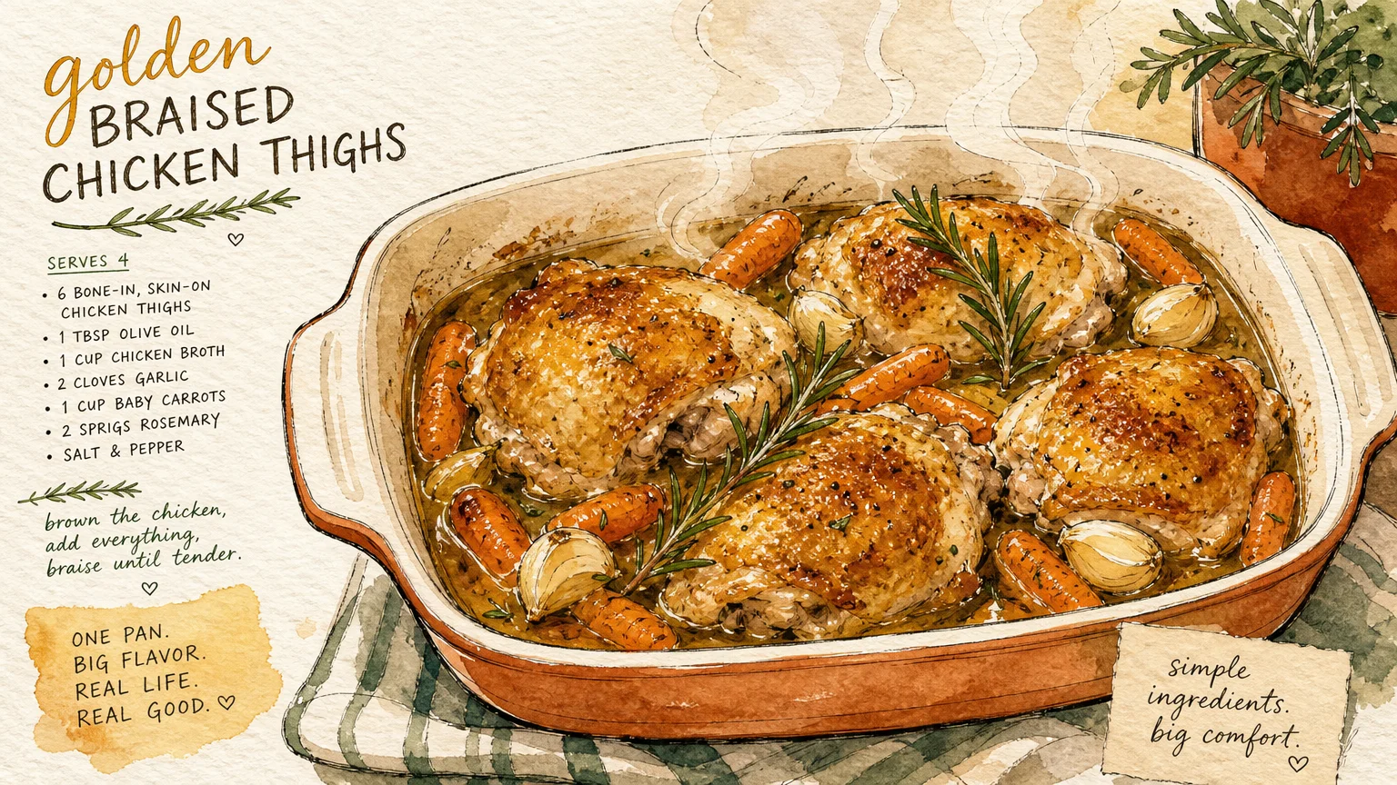 An ink and watercolor illustration of cozy, golden-braised chicken thighs with carrots and rosemary in a baking dish.