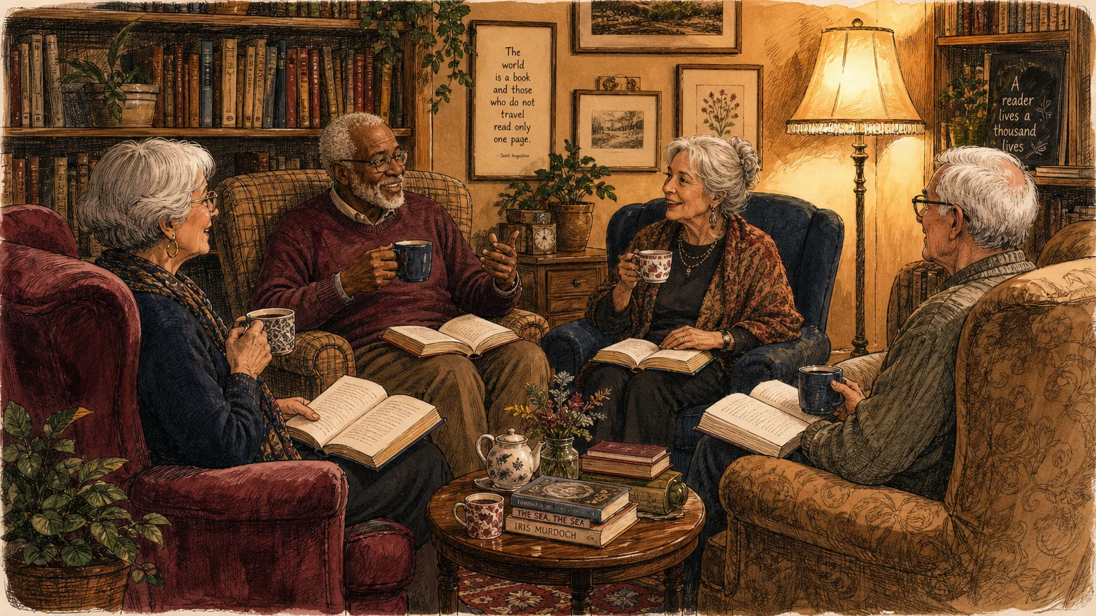 An ink and watercolor illustration of four seniors discussing books over tea in a warm, cozy living room.
