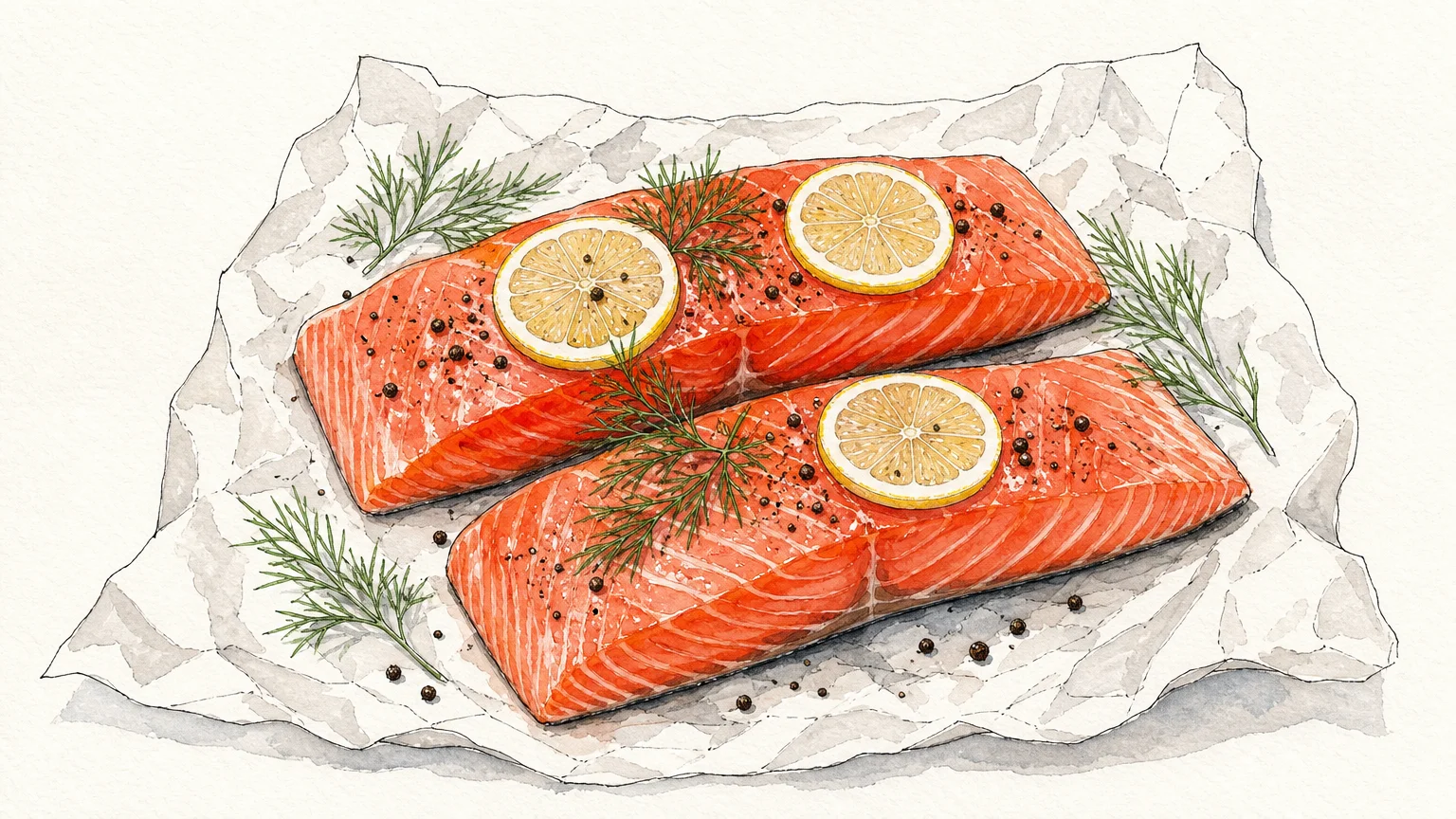 An ink and watercolor illustration of fresh sockeye salmon fillets with lemon slices and dill on parchment paper.