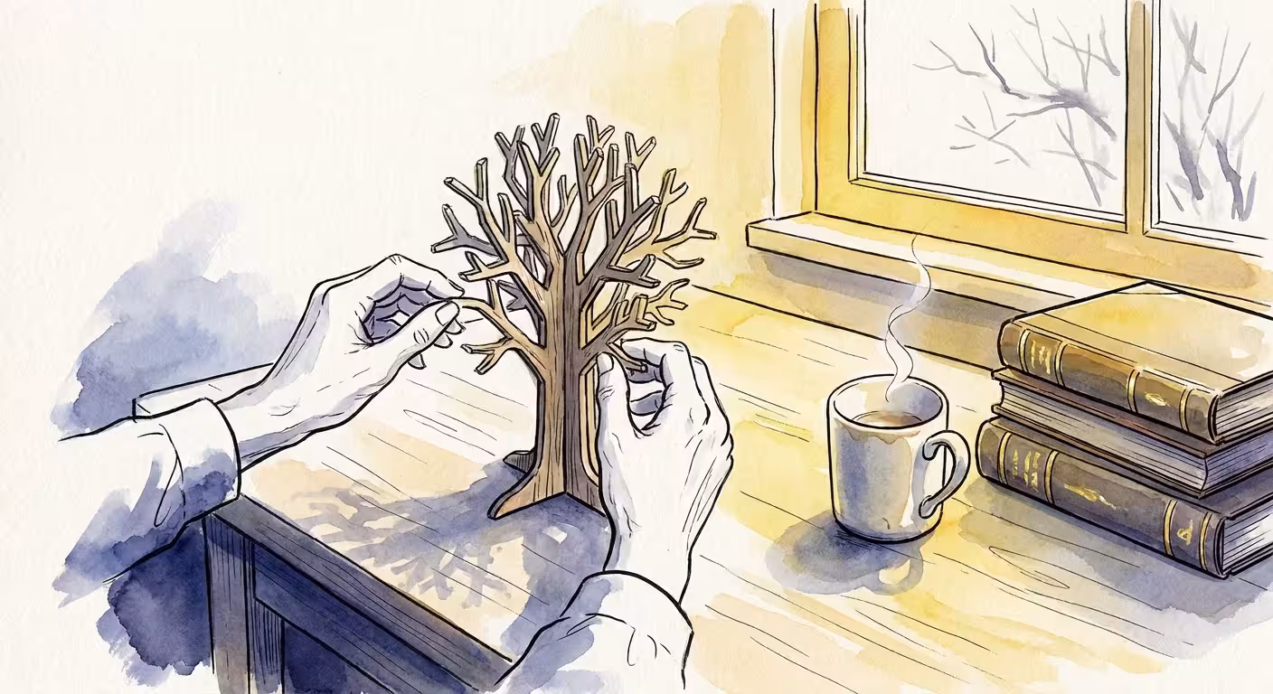 An ink and watercolor illustration of hands assembling a wooden puzzle on a sunny desk next to books and tea.