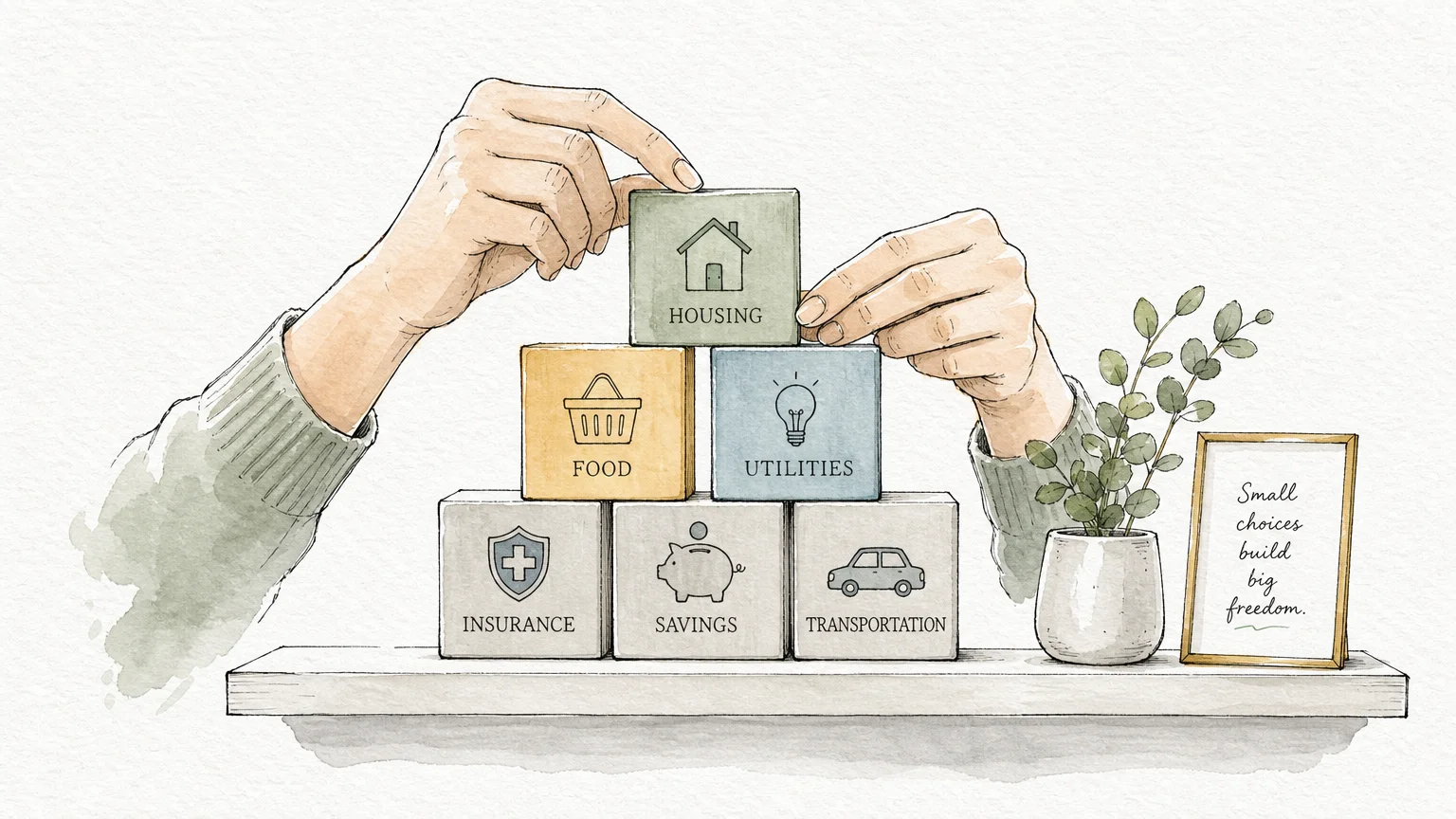 An ink and watercolor illustration of hands balancing wooden blocks on a shelf, representing careful budget planning.