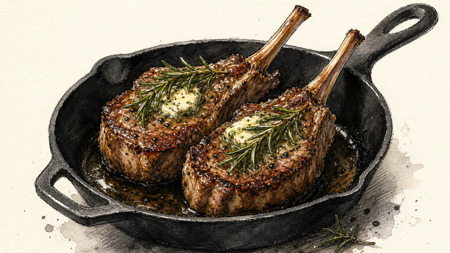 An ink and watercolor illustration of seared lamb loin chops with rosemary and melting butter in a cast-iron skillet.