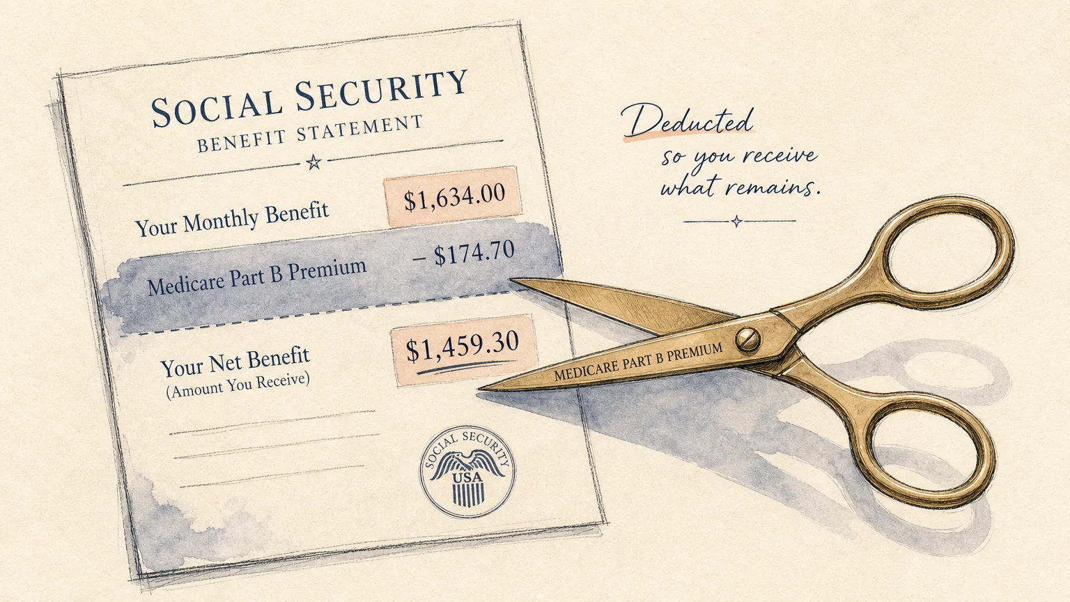An ink and watercolor illustration showing a benefit statement with a portion shaded by the shadow of scissors, representing deductions.