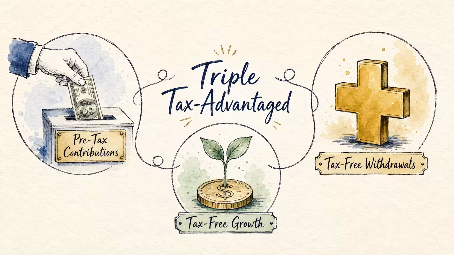 An ink and watercolor illustration showing the three tax benefits of an HSA: pre-tax contributions, tax-free growth, and tax-free withdrawal