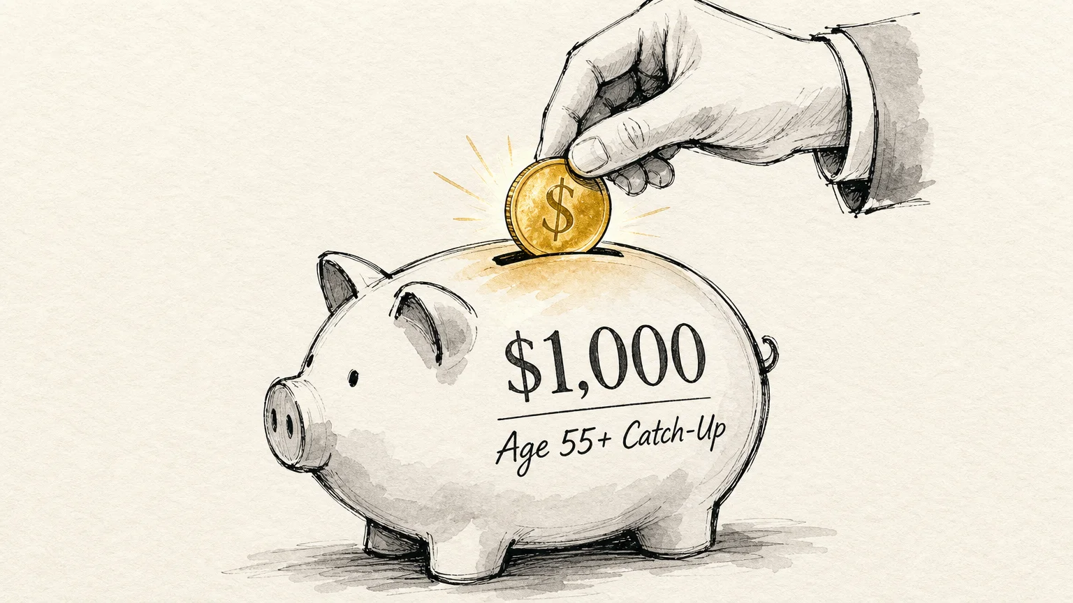 An ink sketch of a hand adding a golden $1,000 coin labeled 'Age 55+ Catch-Up' into a savings bank.