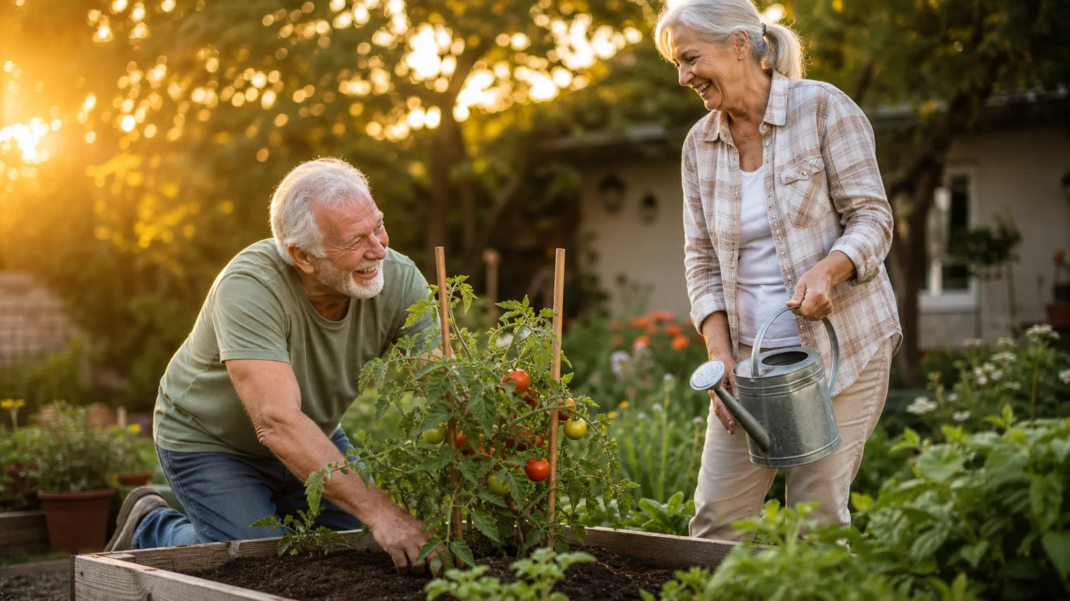 An older couple gardening together in a sun-drenched backyard during golden hour, laughing and tending to plants.