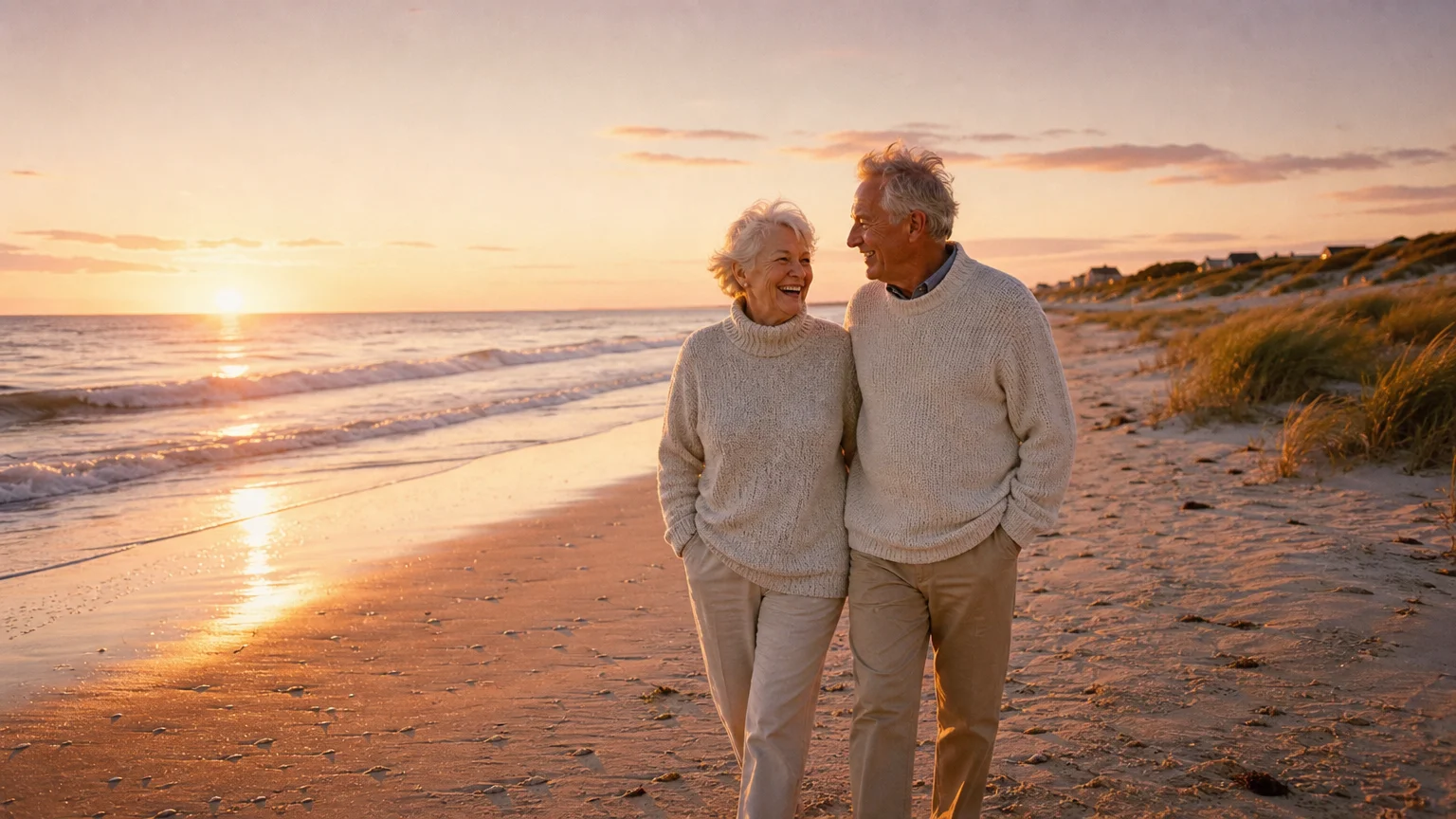 An older couple in cozy sweaters walks happily along a sandy beach during a warm, golden sunset.