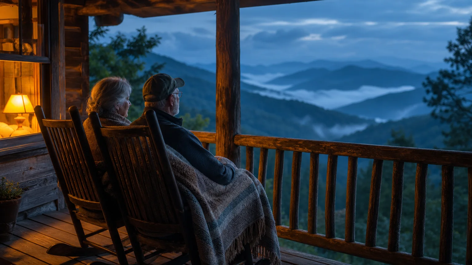 An older couple in rocking chairs looks out at the misty blue layers of the Blue Ridge Mountains from a cabin porch.