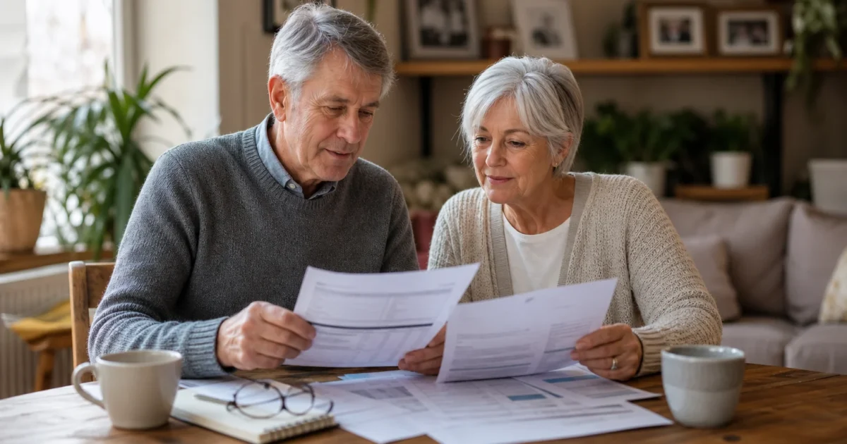 An older couple in their late 60s sits at a wooden table reviewing financial papers with calm, collaborative expressions.