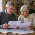 An older couple in their late 60s sits at a wooden table reviewing financial papers with calm, collaborative expressions.