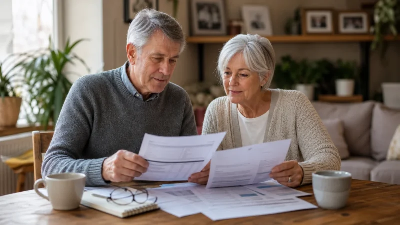 An older couple in their late 60s sits at a wooden table reviewing financial papers with calm, collaborative expressions.