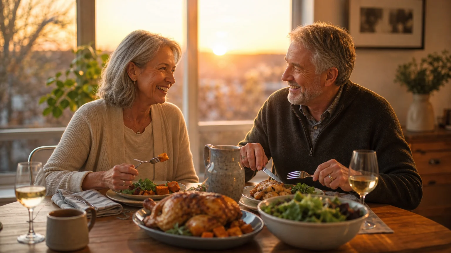 An older couple laughing and enjoying a healthy, home-cooked dinner together in a warm, sunlit dining room.