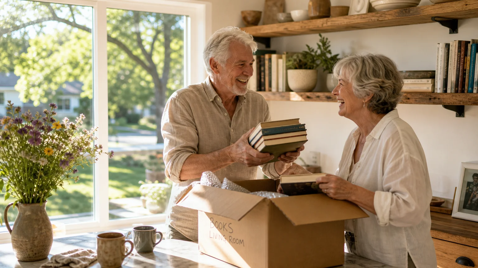 An older couple laughs while unpacking books in their bright, sunlit kitchen in a new home.