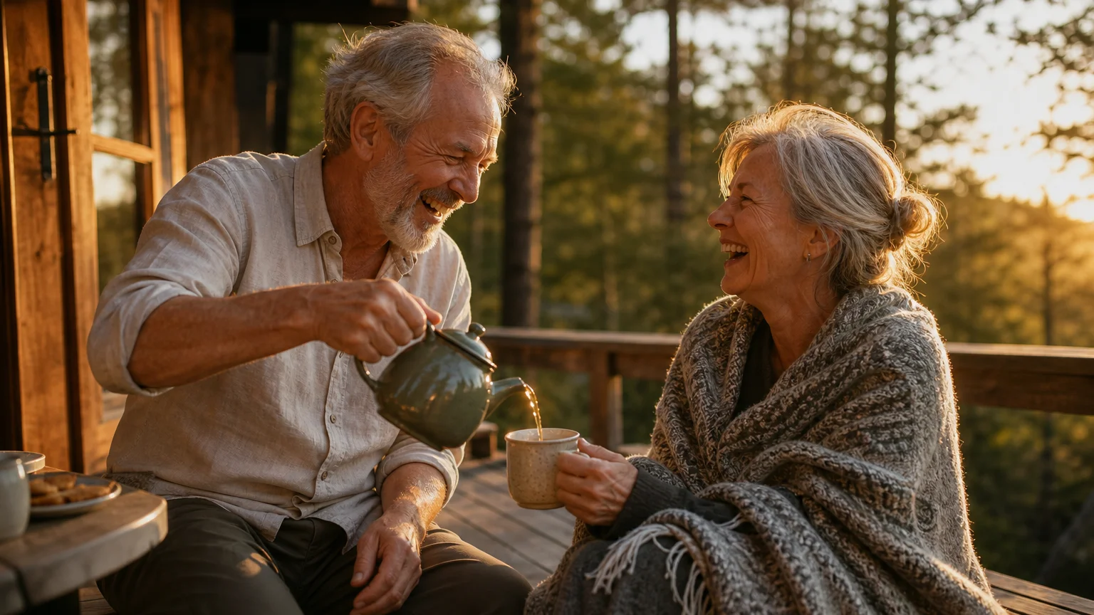 An older couple sharing a laugh and pouring tea on a cabin deck during a warm, golden sunset.