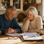 An older couple sitting at a sunlit kitchen table, thoughtfully reviewing paperwork together with coffee mugs nearby.