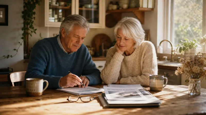 An older couple sitting at a sunlit kitchen table, thoughtfully reviewing paperwork together with coffee mugs nearby.