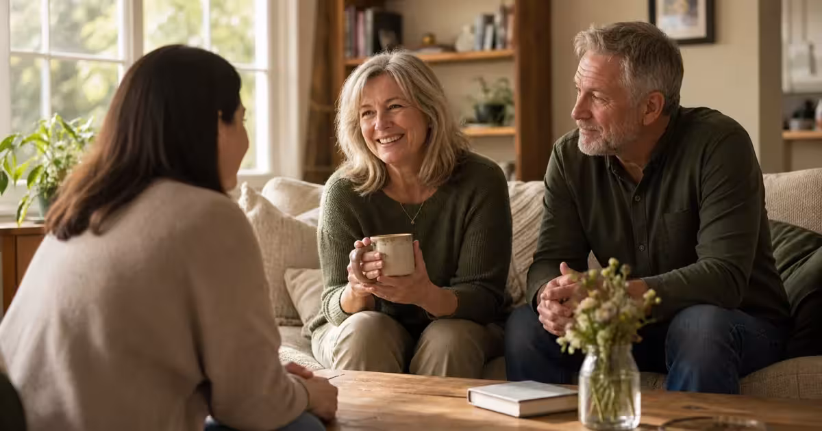An older couple sitting on a living room sofa, having a warm and collaborative conversation with their adult daughter.