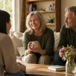 An older couple sitting on a living room sofa, having a warm and collaborative conversation with their adult daughter.