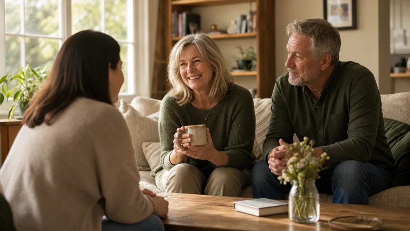 An older couple sitting on a living room sofa, having a warm and collaborative conversation with their adult daughter.
