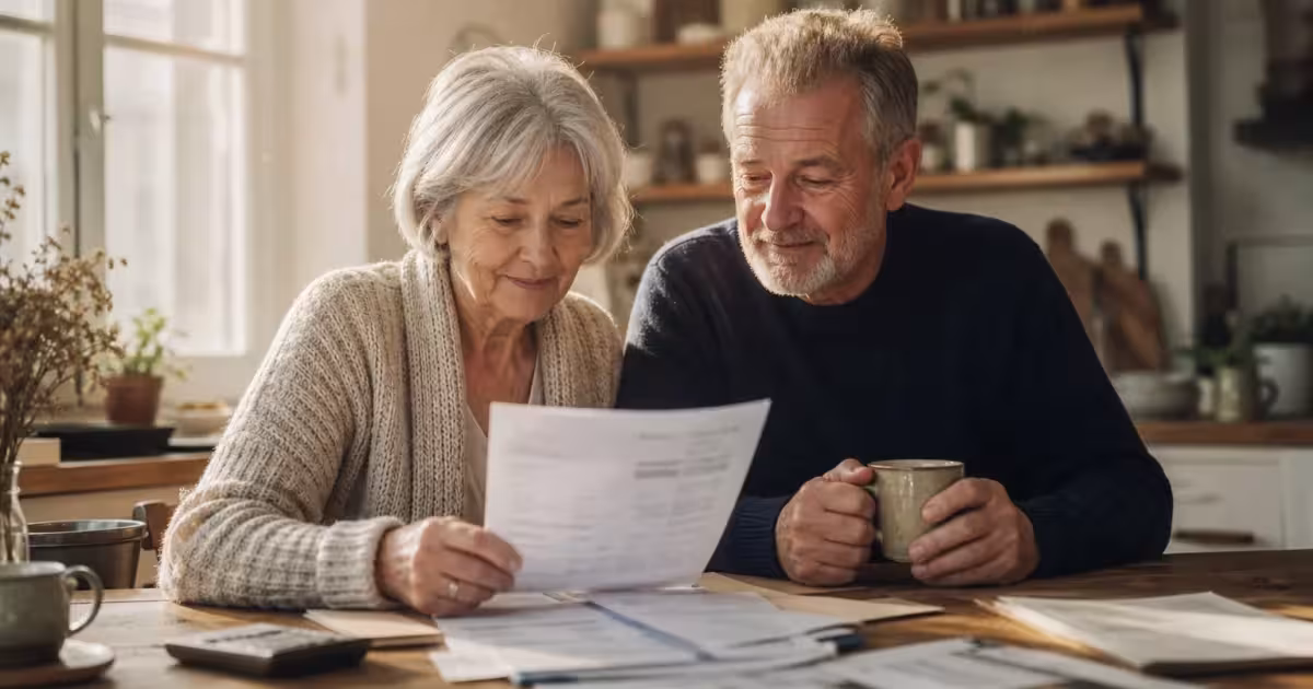 An older couple sitting together at a sunlit kitchen table, calmly reviewing their household finances over coffee.