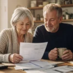 An older couple sitting together at a sunlit kitchen table, calmly reviewing their household finances over coffee.
