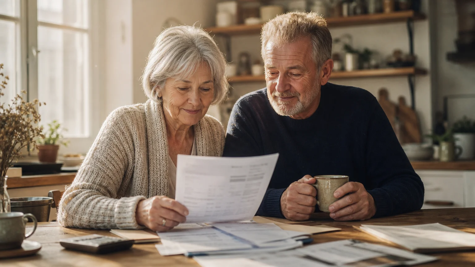 An older couple sitting together at a sunlit kitchen table, calmly reviewing their household finances over coffee.