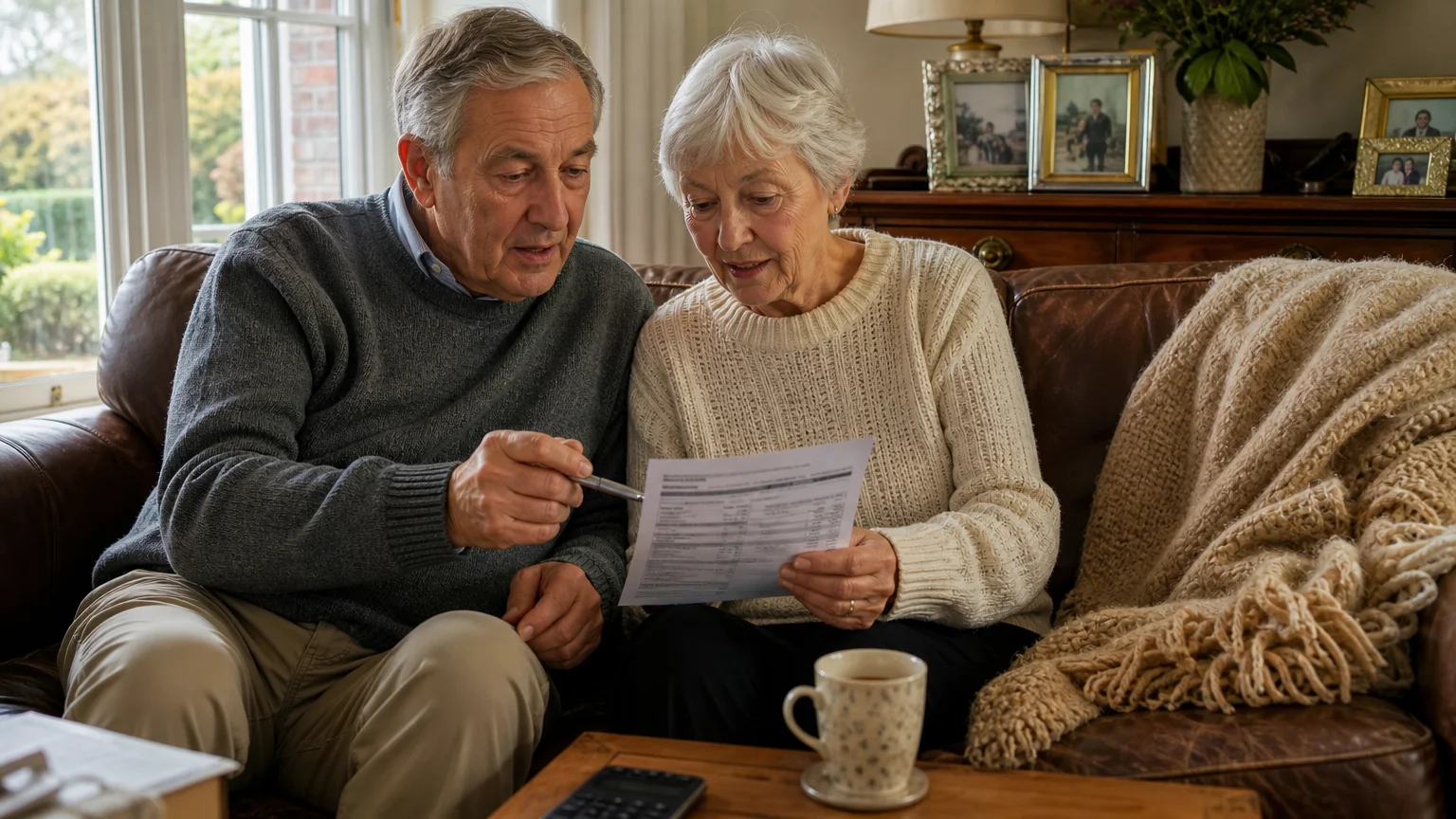 An older couple sitting together on a leather couch at home, discussing a paper financial document with a collaborative expression.