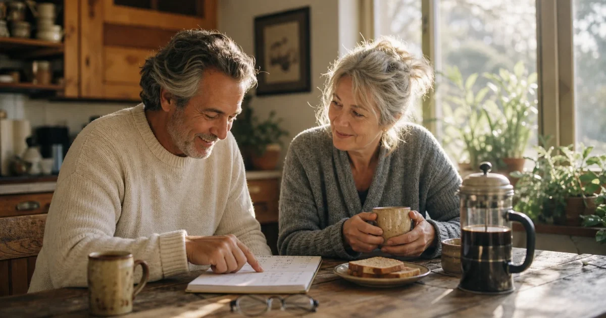 An older couple smiling in a sunlit kitchen while reviewing notes on a pad, representing early morning financial planning with optimism.