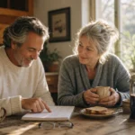 An older couple smiling in a sunlit kitchen while reviewing notes on a pad, representing early morning financial planning with optimism.