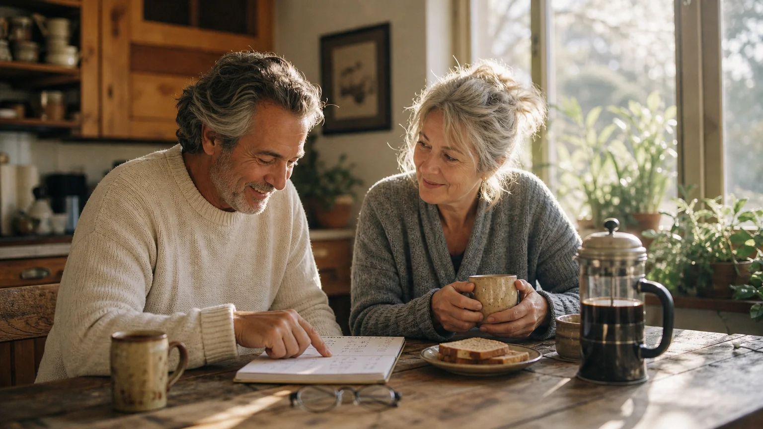 An older couple smiling in a sunlit kitchen while reviewing notes on a pad, representing early morning financial planning with optimism.