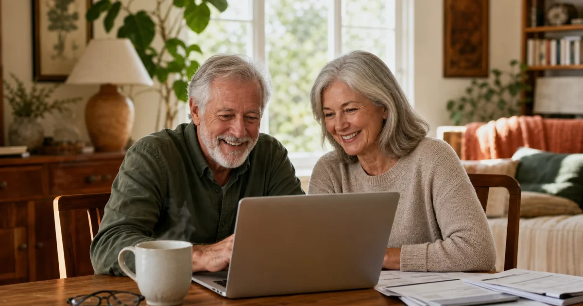 An older couple smiling while looking at a laptop at a sunlit dining table, representing peaceful retirement planning.
