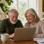 An older couple smiling while looking at a laptop at a sunlit dining table, representing peaceful retirement planning.
